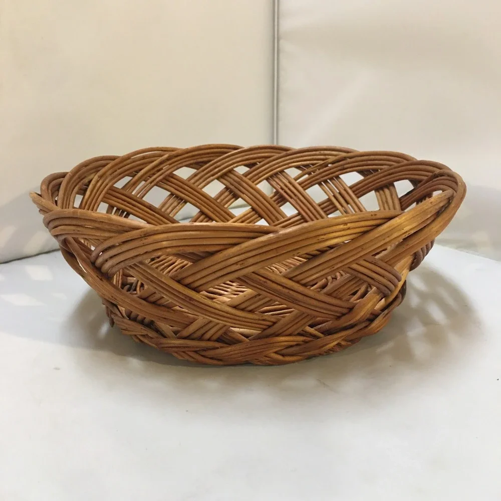 Wicker Basket Home Decor OS Brown Lattice Open Weave Round Fruit Bowl Rustic